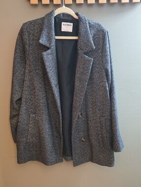 Old Navy Navy Blue and White Herringbone Pea Coat